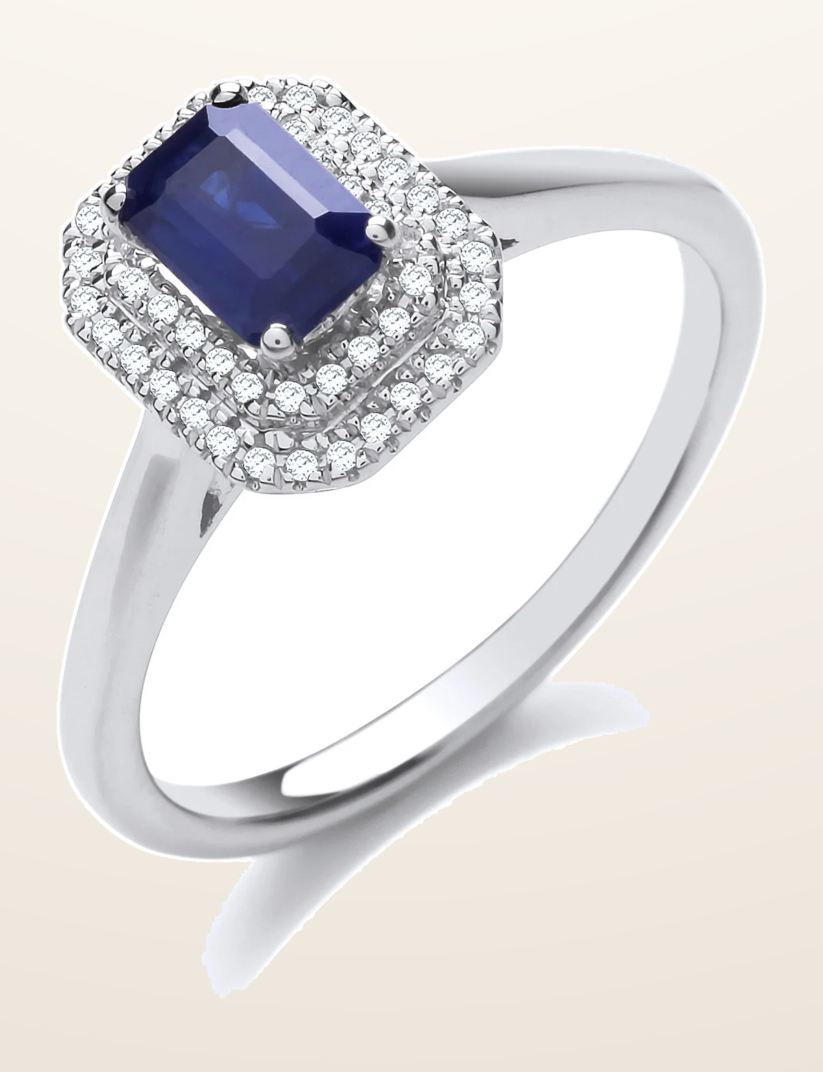 IT_ROLE:detail_crop | 9ct White Gold Double 0.10ctw Diamond Halo Ring with 0.70ct Emerald Cut Sapphire