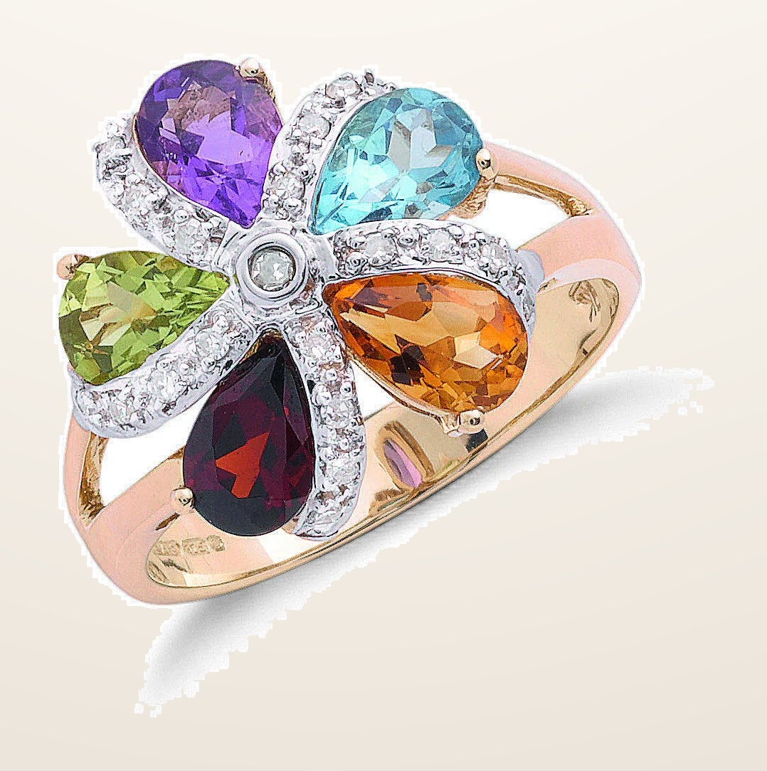 IT_ROLE:detail_crop | 9ct Yellow Gold Diamond & Multi Colour St Flower / Cluster Ring