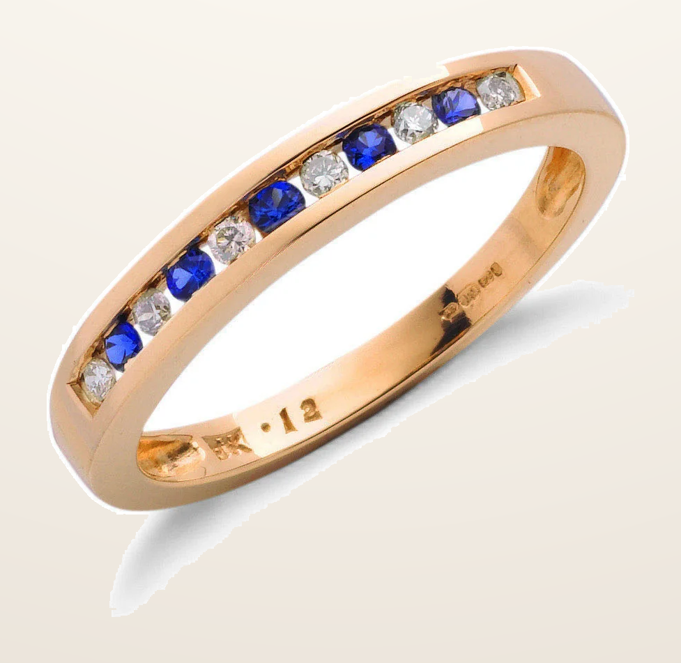 IT_ROLE:detail_crop | 9ct Yellow Gold 0.12ct Diamond & 0.16ct Blue Sapphire Eternity Ring