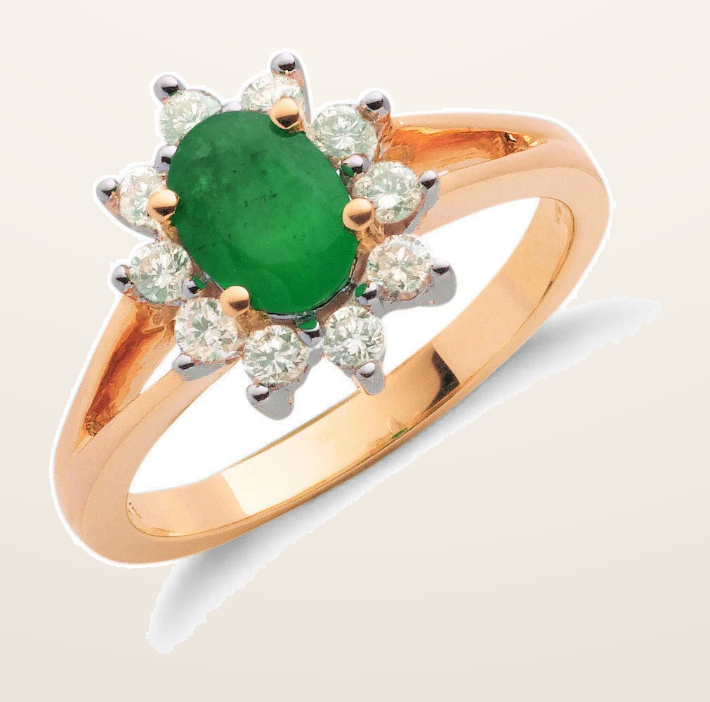 IT_ROLE:detail_crop | 9ct Yellow Gold 0.36ct Diamond & 0.79ct Emerald Cluster Ring