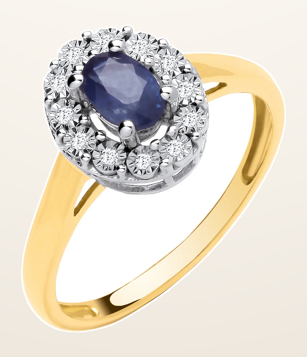 IT_ROLE:detail_crop | 9ct Yellow Gold 0.55ct Sapphire & 0.05ct Diamond Cluster Ring
