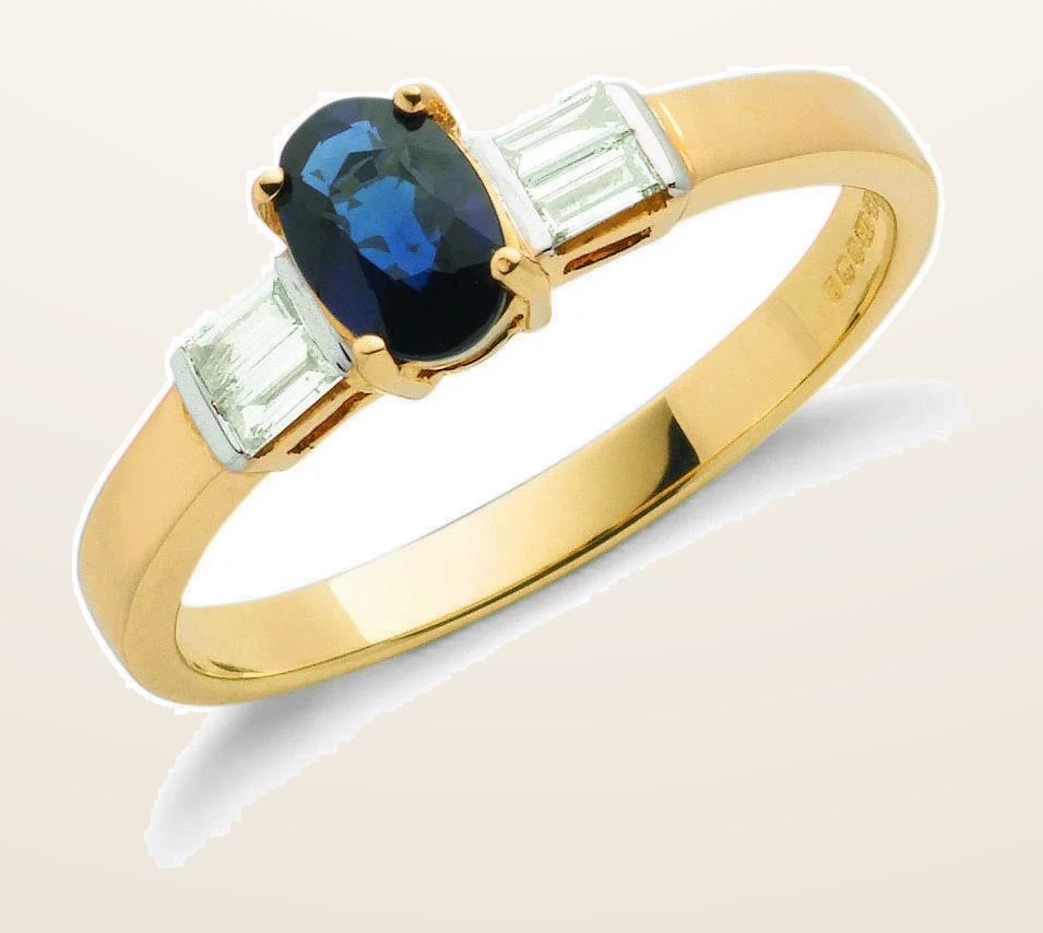 IT_ROLE:detail_crop | 9ct Yellow Gold Baguette Cut 0.11ct Diamond & 0.60ct Blue Sapphire Ring