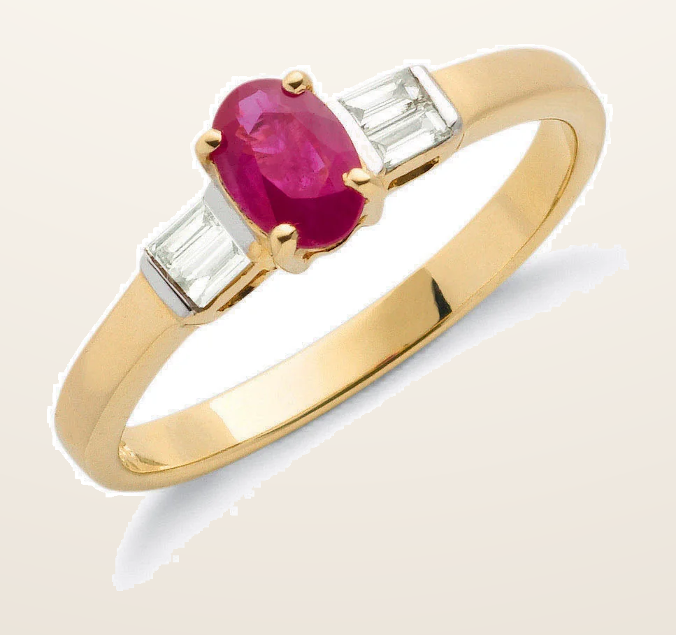 IT_ROLE:detail_crop | 9ct Yellow Gold Baguette Cut 0.11ct Diamond & 0.60ct Ruby Ring