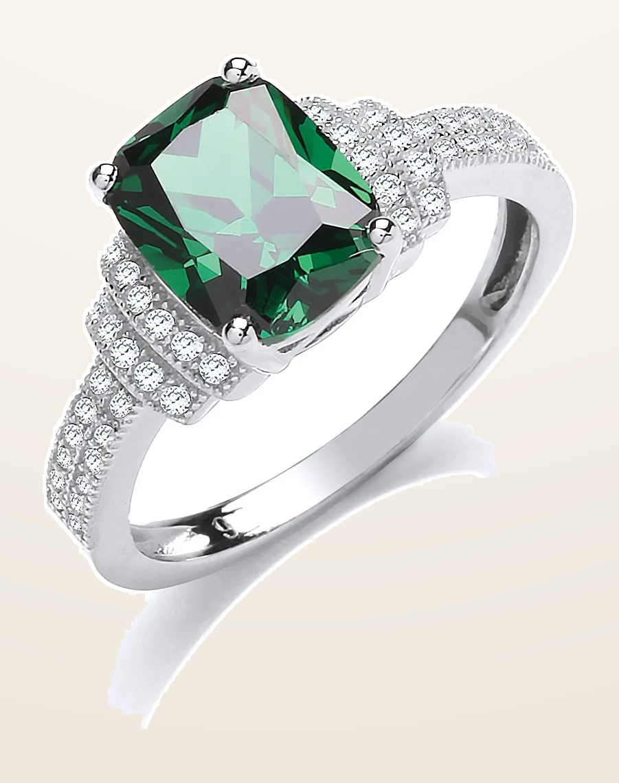 IT_ROLE:detail_crop | Emerald Cut Green Cubic Zirconia Centre with Clear Cubic Zirconia on Shoulder Silver Ring