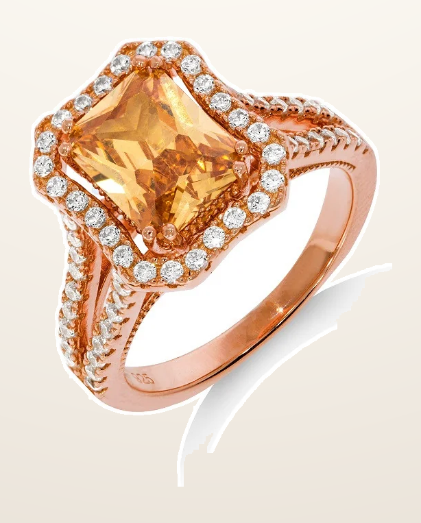IT_ROLE:detail_crop | Micro Pave Rose Coated Champagne Centre Silver Cubic Zirconia Ring