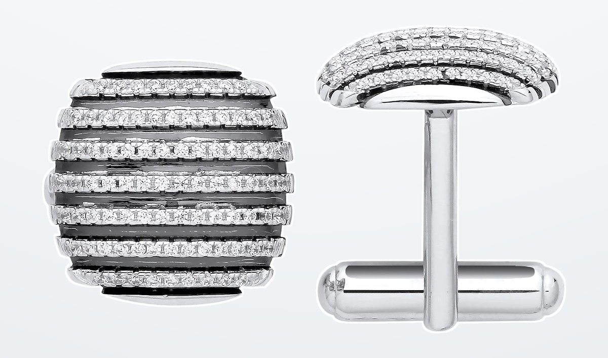 IT_ROLE:detail_crop | Silver & Black Stripes, Cubic Zirconia Domed Cufflinks