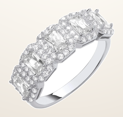 IT_ROLE:detail_crop | Silver 5 Emerald Cut Cubic Zirconias Halo Ring
