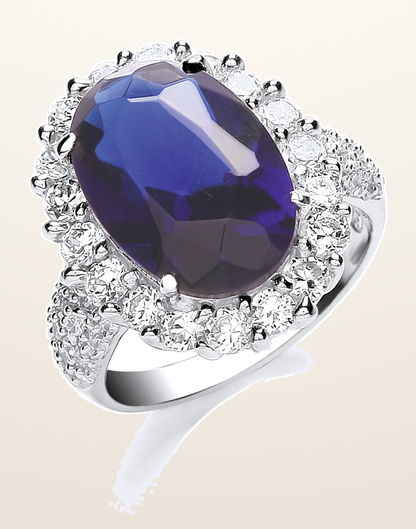 IT_ROLE:detail_crop | Silver Blue Oval S/S Cubic Zirconia with Cubic Zirconia Surrounding/Shld Ring