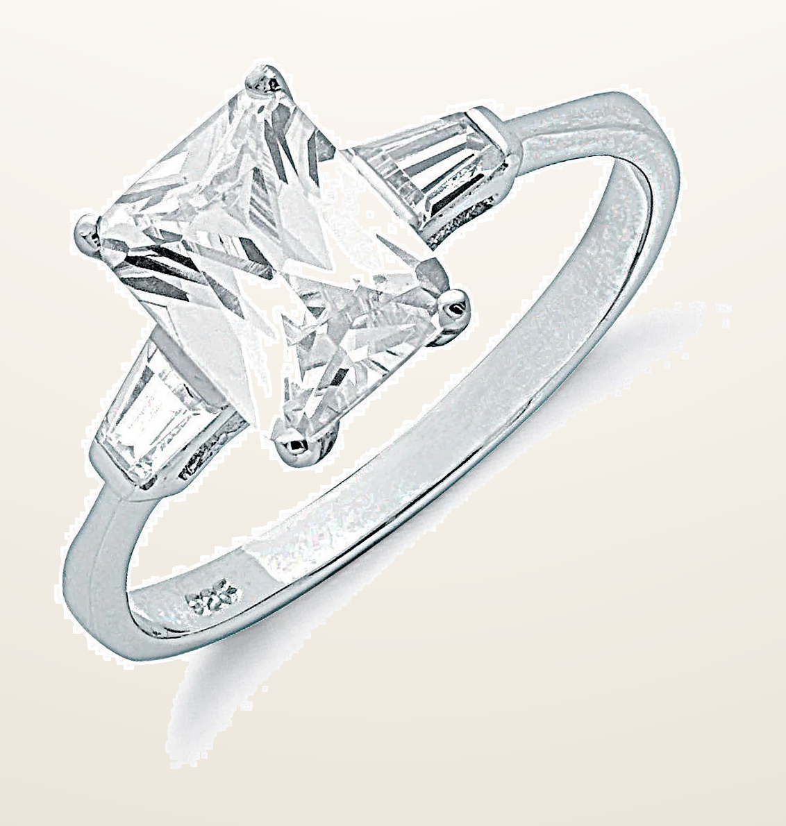 IT_ROLE:detail_crop | Silver Claw Set Emerald Cut Cubic Zirconia Solitaire Ring
