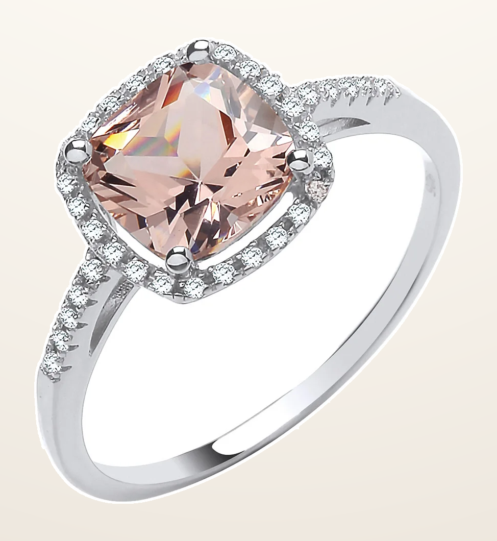 IT_ROLE:detail_crop | Silver Cushion Cut Synthetic Morganite & Cubic Zirconia Halo Ring