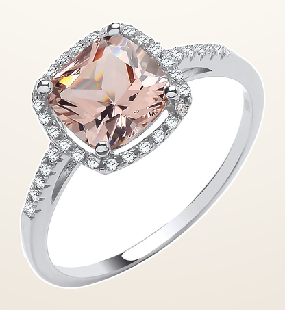 IT_ROLE:detail_crop | Silver Cushion Cut Synthetic Morganite & Cubic Zirconia Halo Ring