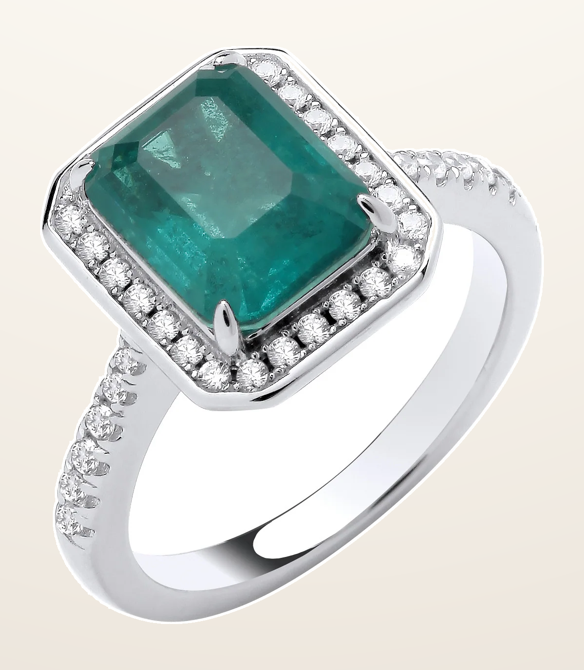 IT_ROLE:detail_crop | Silver Cubic Zirconias & Green Fusion Stone Centre in Emerald Cut Ring