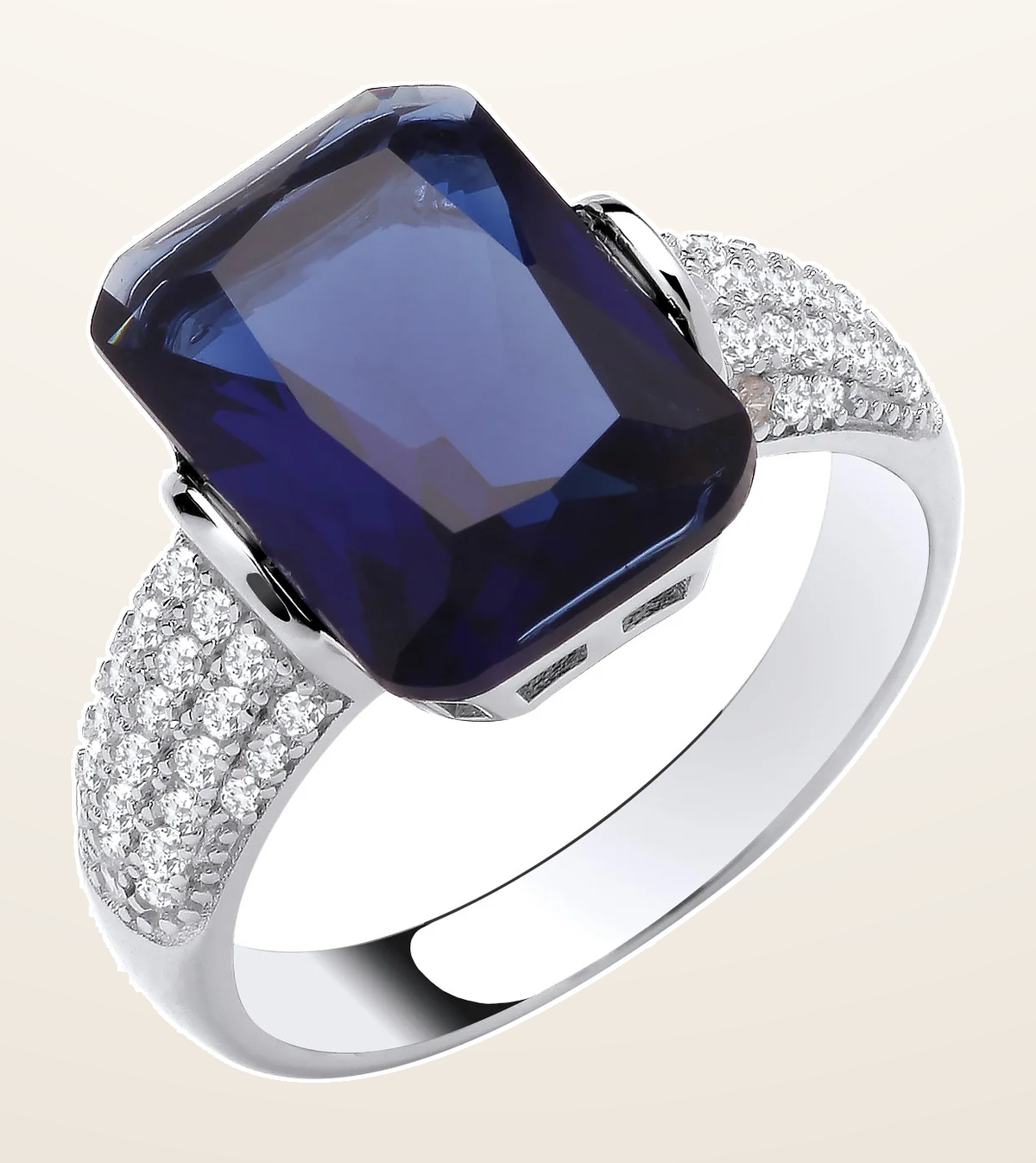 IT_ROLE:detail_crop | Silver Deep Blue Emerald Cut Cubic Zirconia Ring
