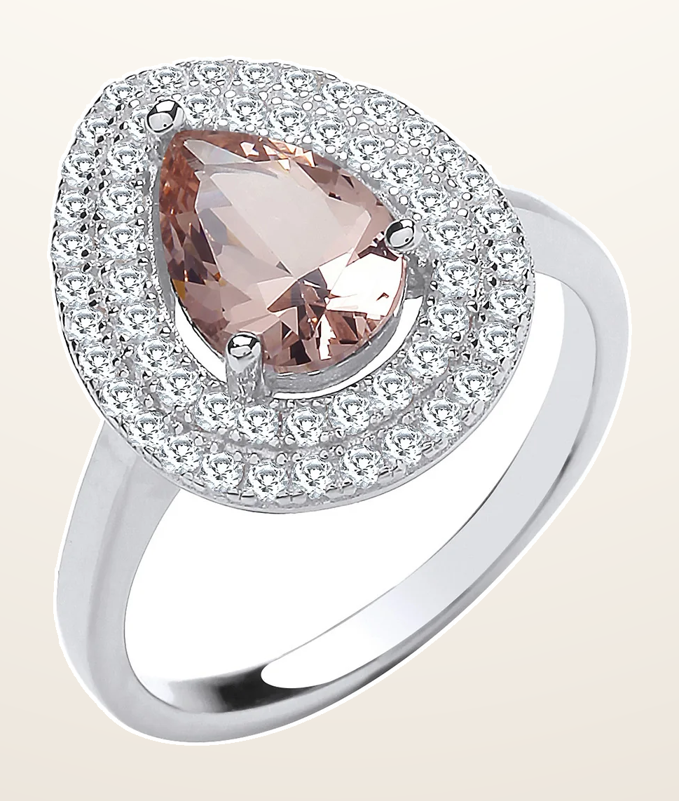IT_ROLE:detail_crop | Silver Double Cubic Zirconia Pear Halo & Synthetic Morganite Ring