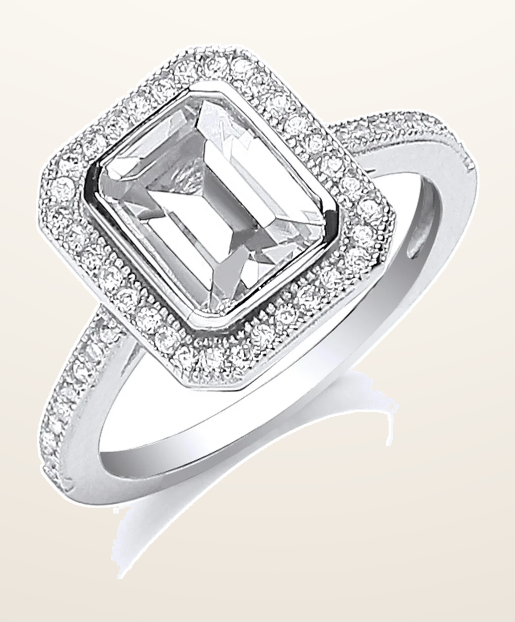 IT_ROLE:detail_crop | Silver Emerald Cut Cubic Zirconia Centre Ring