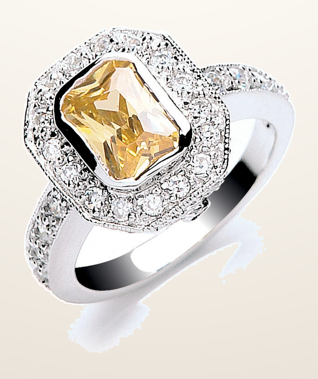 IT_ROLE:detail_crop | Silver Emerald Cut Yellow & White Cubic Zirconia Cluster Ring