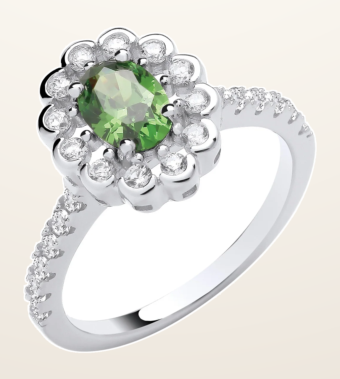 IT_ROLE:detail_crop | Silver Green Oval Cubic Zirconia Halo Ring
