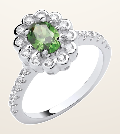 IT_ROLE:detail_crop | Silver Green Oval Cubic Zirconia Halo Ring