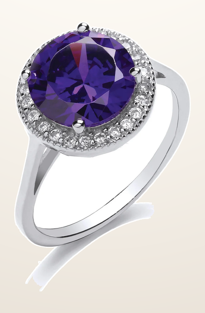 IT_ROLE:detail_crop | Silver Purple Cubic Zirconia Cluster Ring