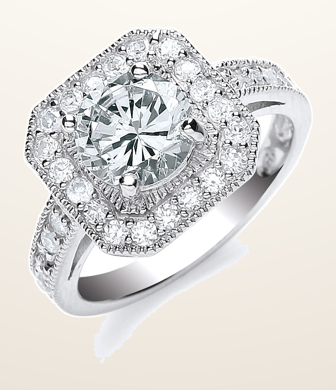 IT_ROLE:detail_crop | Silver Round Cut with Cubic Zirconia Surrounding & Shoulders Ring