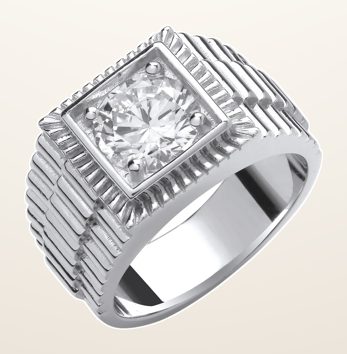 IT_ROLE:detail_crop | Silver Square Top with Round Cubic Zirconia Gents Ring