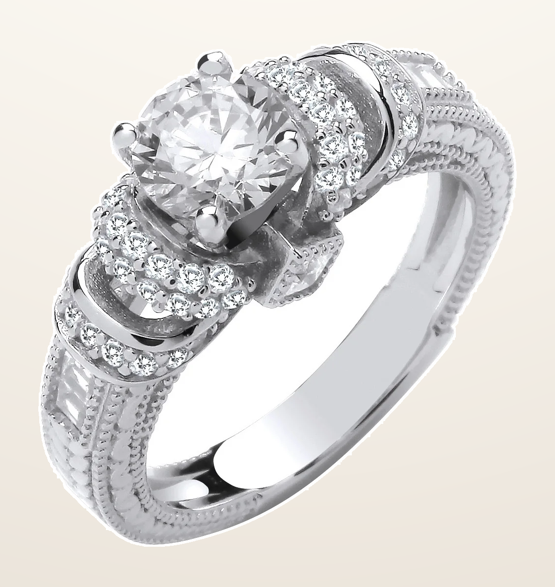 IT_ROLE:detail_crop | Silver Vintage Look, Milgrain Shank Solitaire Cubic Zirconia Ring