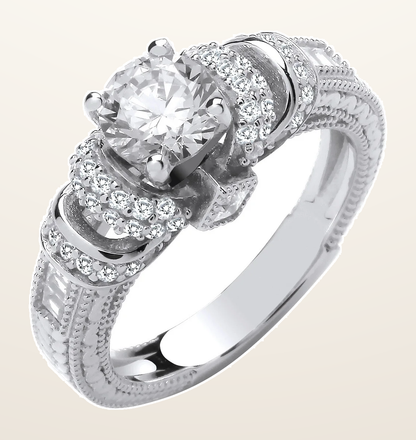 IT_ROLE:detail_crop | Silver Vintage Look, Milgrain Shank Solitaire Cubic Zirconia Ring
