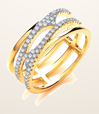 IT_ROLE:detail_crop | Yellow Gold Coated Silver, Three Row, Micro Pave Cubic Zirconia Ring