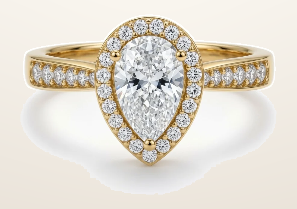 IT_ROLE:detail_crop | 9ct Yellow Gold, 1.00ct Pear Shape Cubic Zirconia Wed-fit Halo Ring