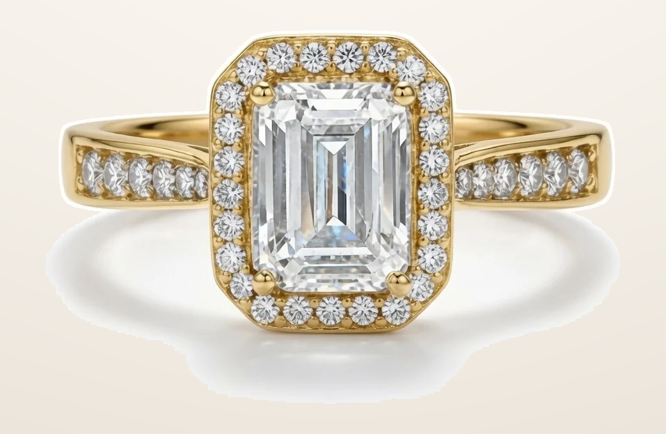 IT_ROLE:detail_crop | 9ct Yellow Gold, 1.00ct Emerald Cut Cubic Zirconia Wed-fit Halo Ring