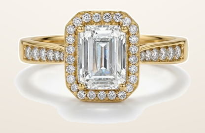 IT_ROLE:detail_crop | 9ct Yellow Gold, 1.00ct Emerald Cut Cubic Zirconia Wed-fit Halo Ring