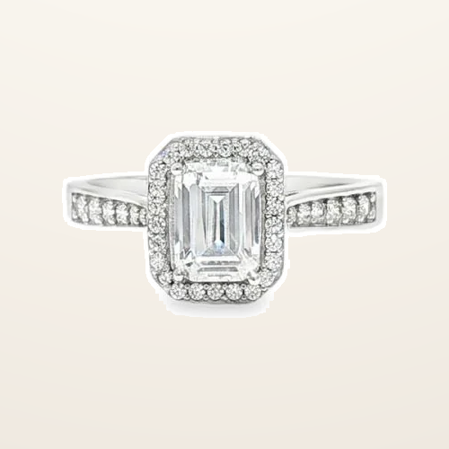 IT_ROLE:detail_crop | 9ct White Gold, 1.00ct Emerald Cut Cubic Zirconia Wed-fit Halo Ring