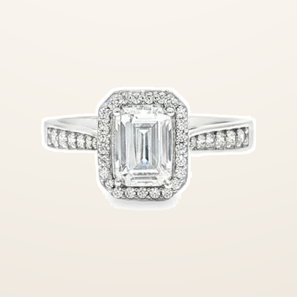 IT_ROLE:detail_crop | 9ct White Gold, 1.00ct Emerald Cut Cubic Zirconia Wed-fit Halo Ring