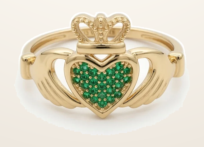 IT_ROLE:detail_crop | 9ct Yellow Gold Green Cubic Zirconia Claddagh Heart Crown Ring