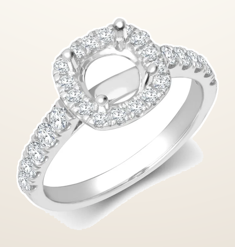 IT_ROLE:detail_crop | 18ct White Gold 0.33ct Natural Diamond Micro-set Cushion-shaped Halo and Shoulders Wed-fit Ring Mount- Holds 0.25ct