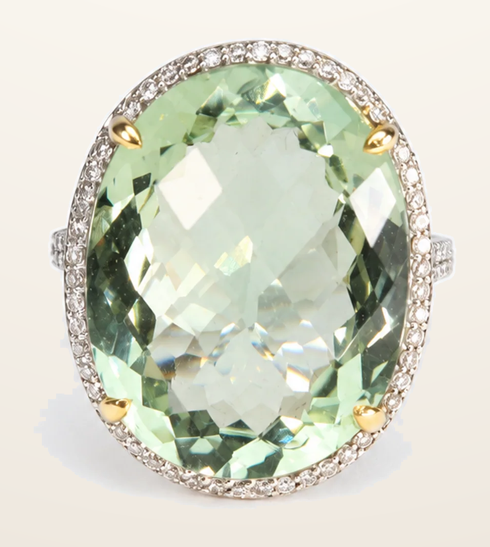 IT_ROLE:detail_crop | 18ct White Gold Green Amethyst & Natural Diamond Halo Cocktail Ring