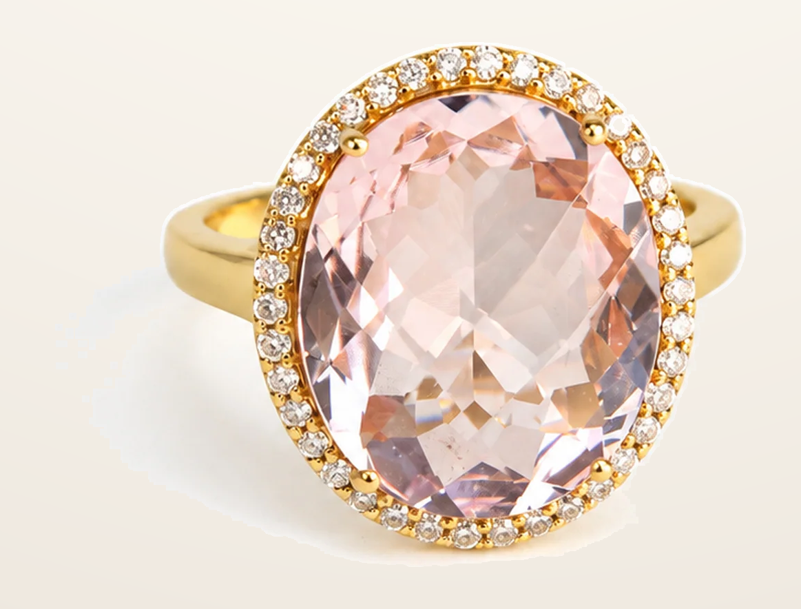 IT_ROLE:detail_crop | 18ct Yellow Gold Oval Morganite & Natural Diamond Halo Ring