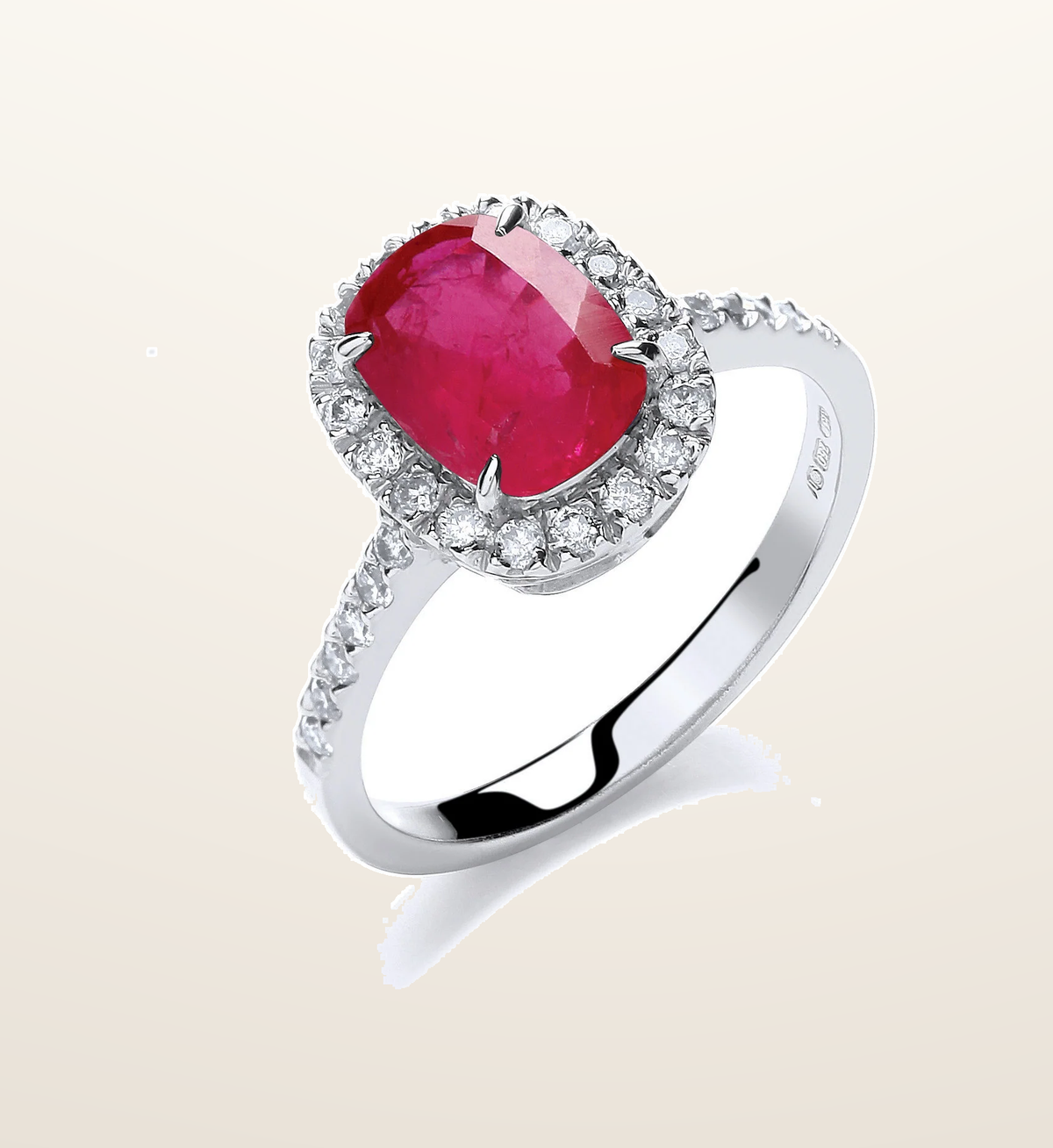 IT_ROLE:presentation_crop | 18ct White Gold 0.25ct Diamond, Cushion 1.9ct Ruby Ring