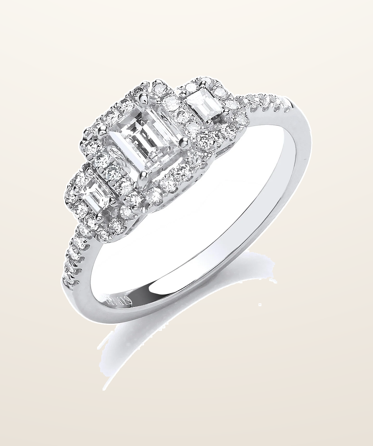 IT_ROLE:presentation_crop | 18ct White Gold Emerald Cut 0.75ct Halo style Trilogy Ring