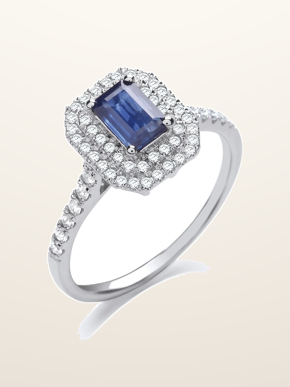 IT_ROLE:presentation_crop | 9ct White Gold 0.30ct Double Halo Diamond 0.66ct Emerald Cut Sapphire Ring