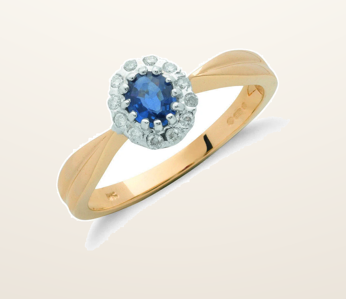 IT_ROLE:presentation_crop | 9ct Yellow Gold 0.10ct Diamond & 0.50ct Sapphire Cluster Ring