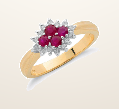 IT_ROLE:presentation_crop | 9ct Yellow Gold 0.21ct Diamond & 0.45ct Ruby Cluster Ring