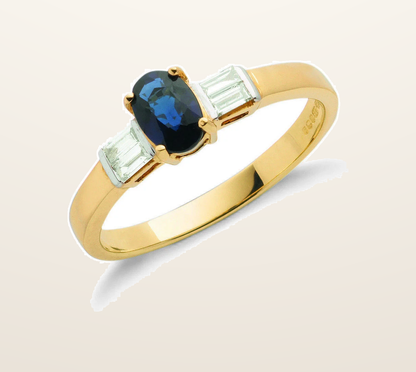 IT_ROLE:presentation_crop | 9ct Yellow Gold Baguette Cut 0.11ct Diamond & 0.60ct Blue Sapphire Ring