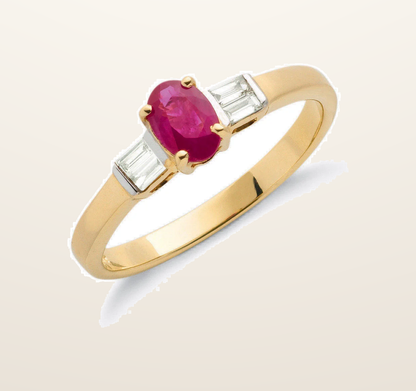 IT_ROLE:presentation_crop | 9ct Yellow Gold Baguette Cut 0.11ct Diamond & 0.60ct Ruby Ring