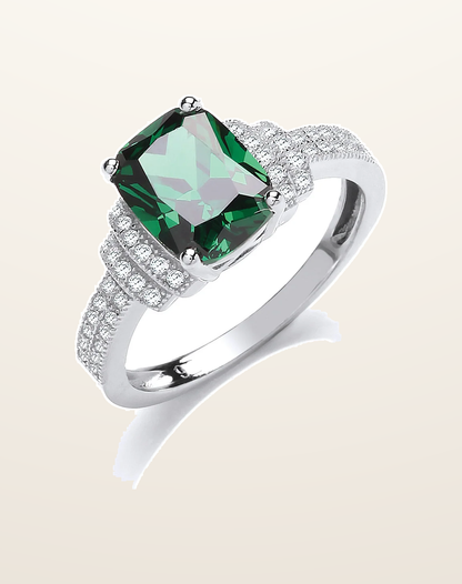 IT_ROLE:presentation_crop | Emerald Cut Green Cubic Zirconia Centre with Clear Cubic Zirconia on Shoulder Silver Ring