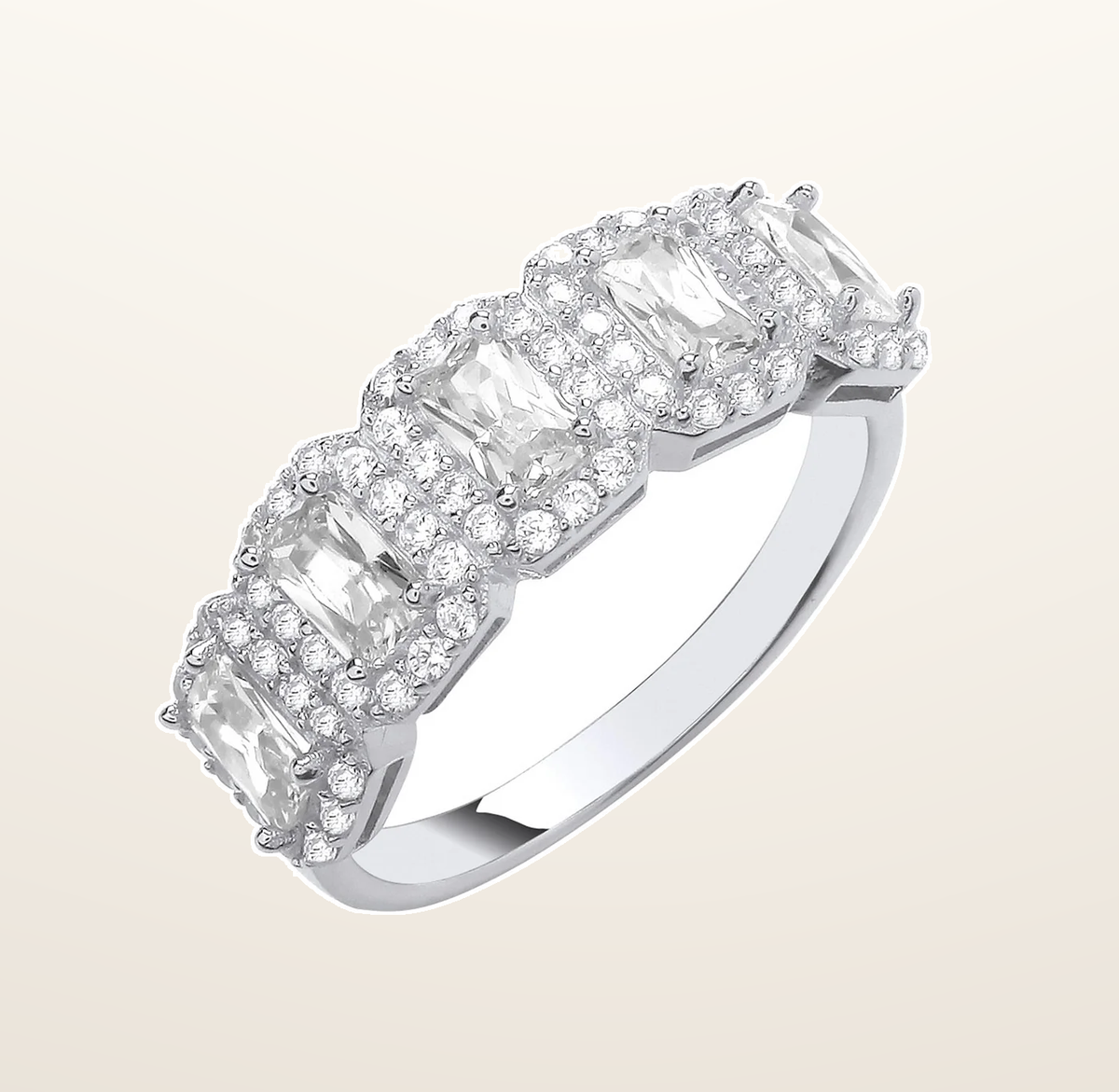 IT_ROLE:presentation_crop | Silver 5 Emerald Cut Cubic Zirconias Halo Ring