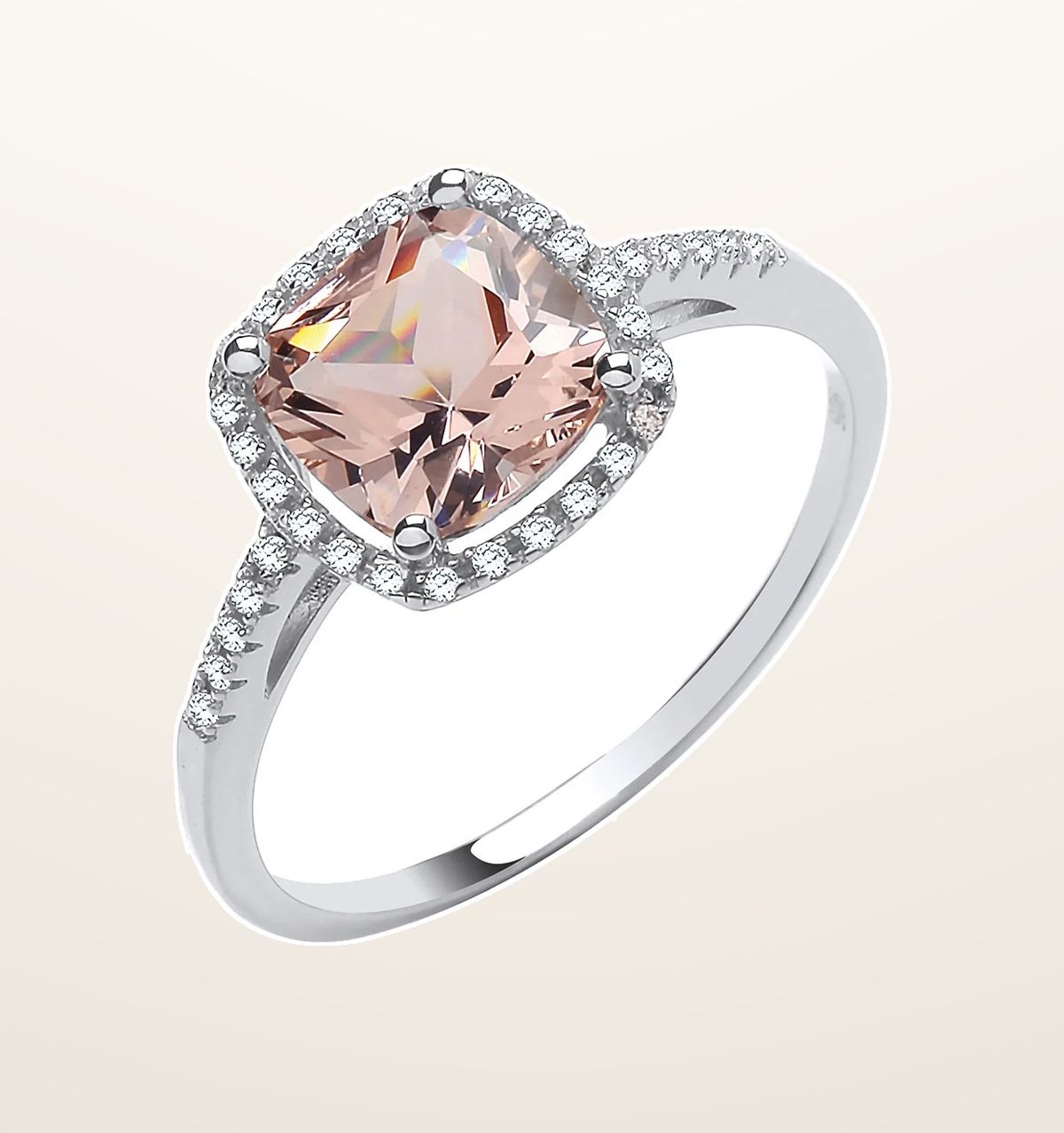 IT_ROLE:presentation_crop | Silver Cushion Cut Synthetic Morganite & Cubic Zirconia Halo Ring
