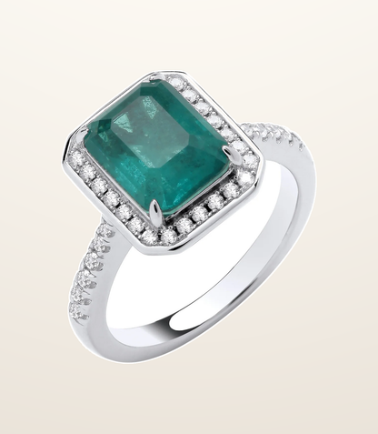 IT_ROLE:presentation_crop | Silver Cubic Zirconias & Green Fusion Stone Centre in Emerald Cut Ring