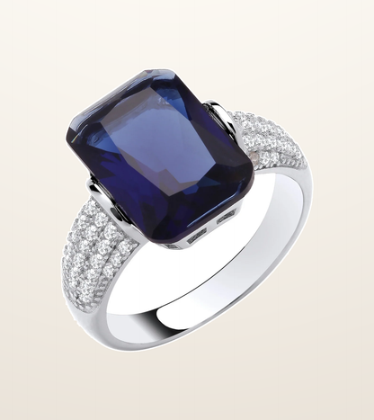 IT_ROLE:presentation_crop | Silver Deep Blue Emerald Cut Cubic Zirconia Ring