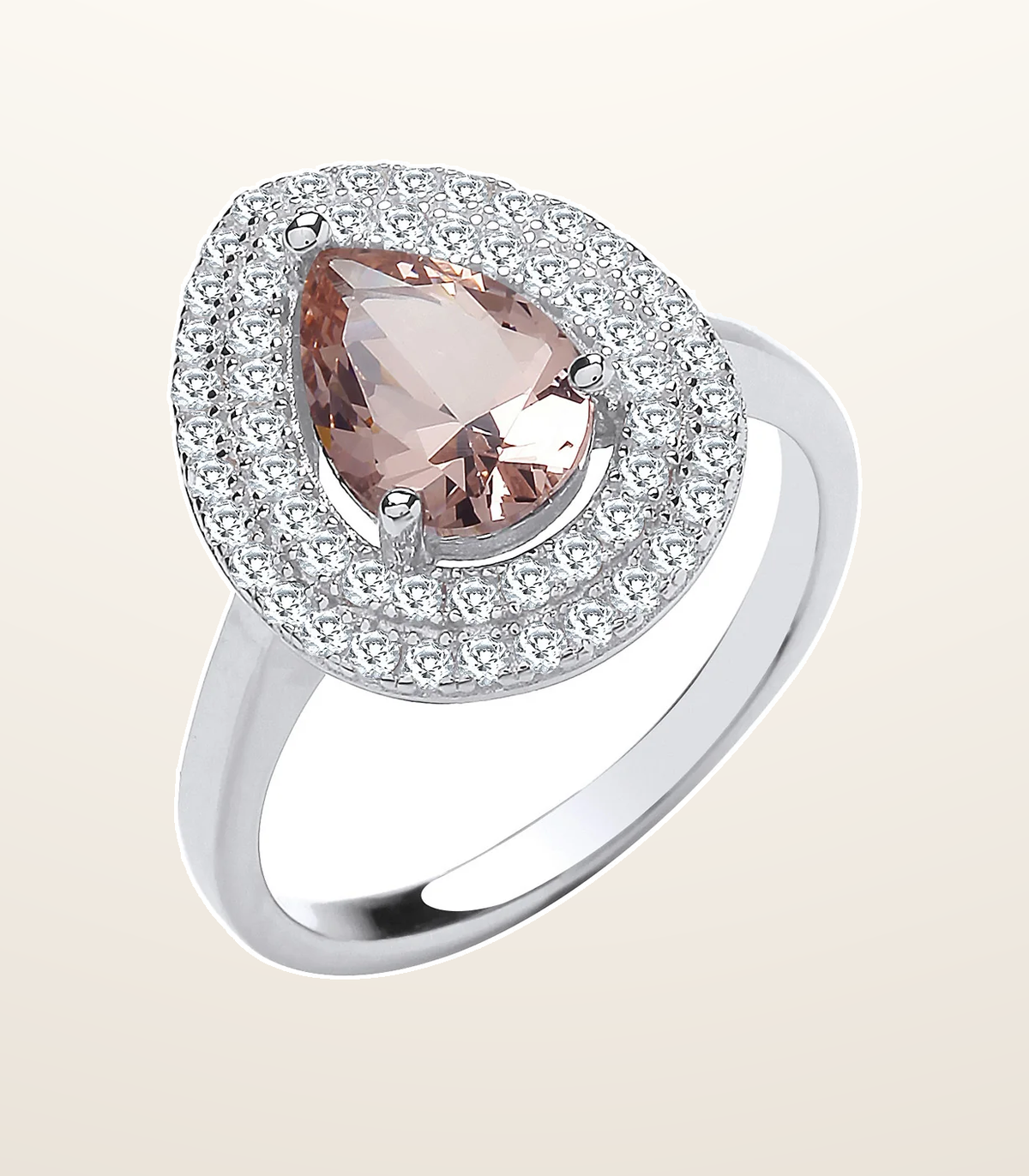 IT_ROLE:presentation_crop | Silver Double Cubic Zirconia Pear Halo & Synthetic Morganite Ring